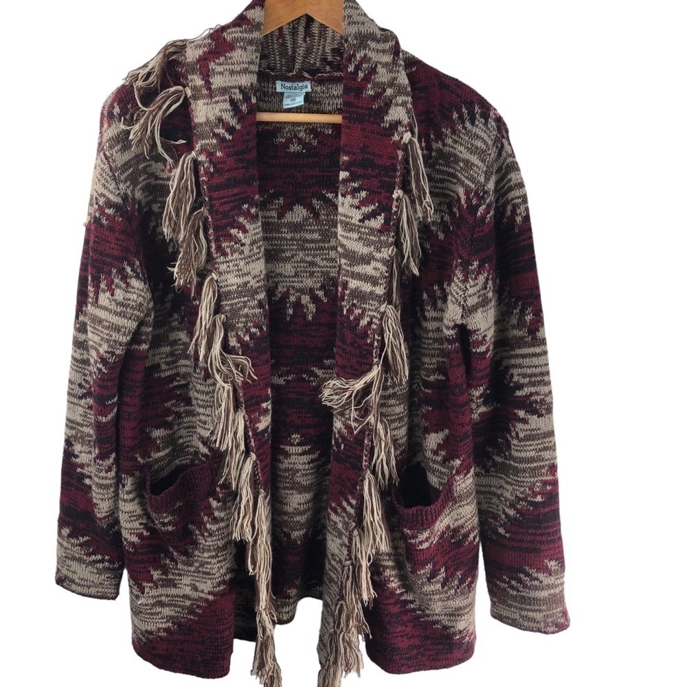 Nostalgia Fringe Cardigan Sz M Aztec Cabincore Long Boho Western Cabin Cozy - Picture 4 of 7